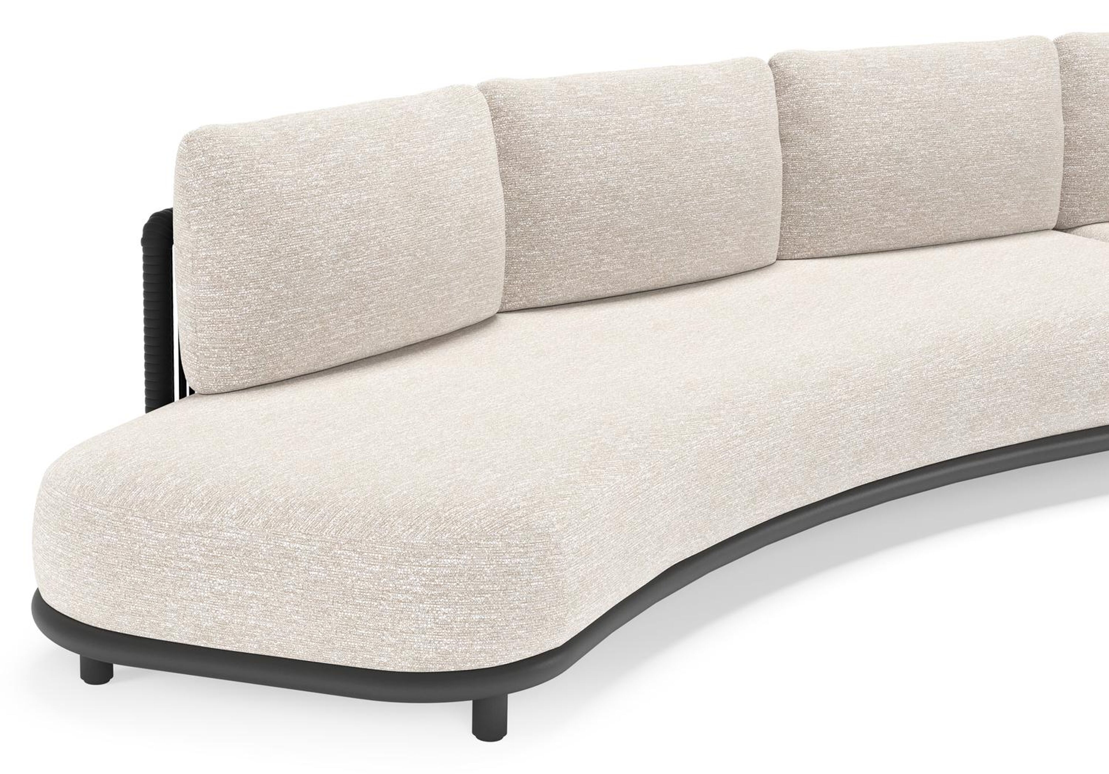 Lomano loungehoek in zwart aluminium en zwart verticaal geweven luxe vlakke rope met tundra sand all weather sunbrella® luxe kussen