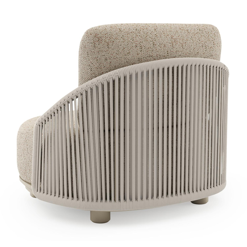 Fauteuil de jardin Vadelo en aluminium beige et corde ronde tissée verticalement beige et coussins en all weather cosytica bora jungle
