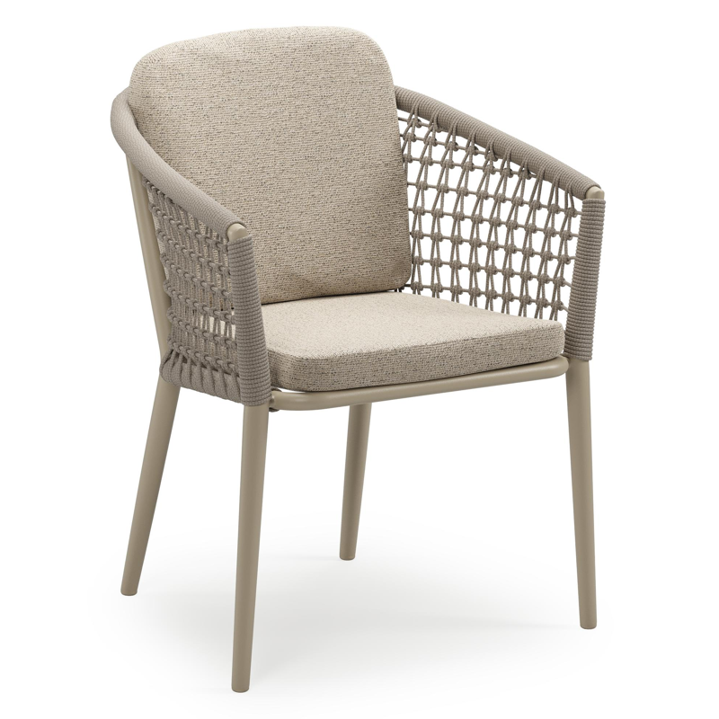 Chaise de jardin empilable Orso en aluminium beige et corde ronde tissée résille beige avec coussin en All Weather Cosytica Marbella Beige