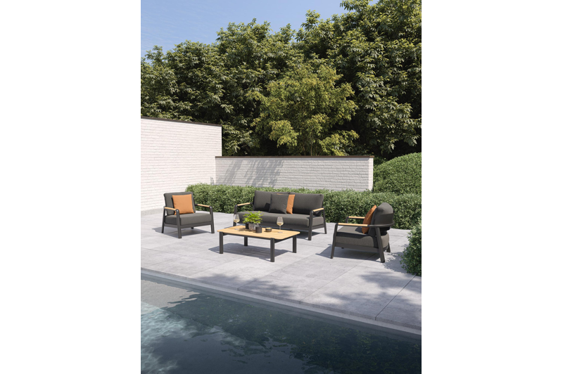 Salamanca loungebank in zwart aluminium en teak met sky black weather+ softtouch kussen