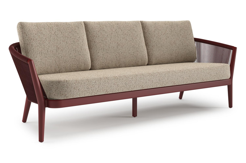 Orso loungebank in ruby aluminium en ruby verticaal geweven ronde rope met Bora Jungle all weather cosytica kussen