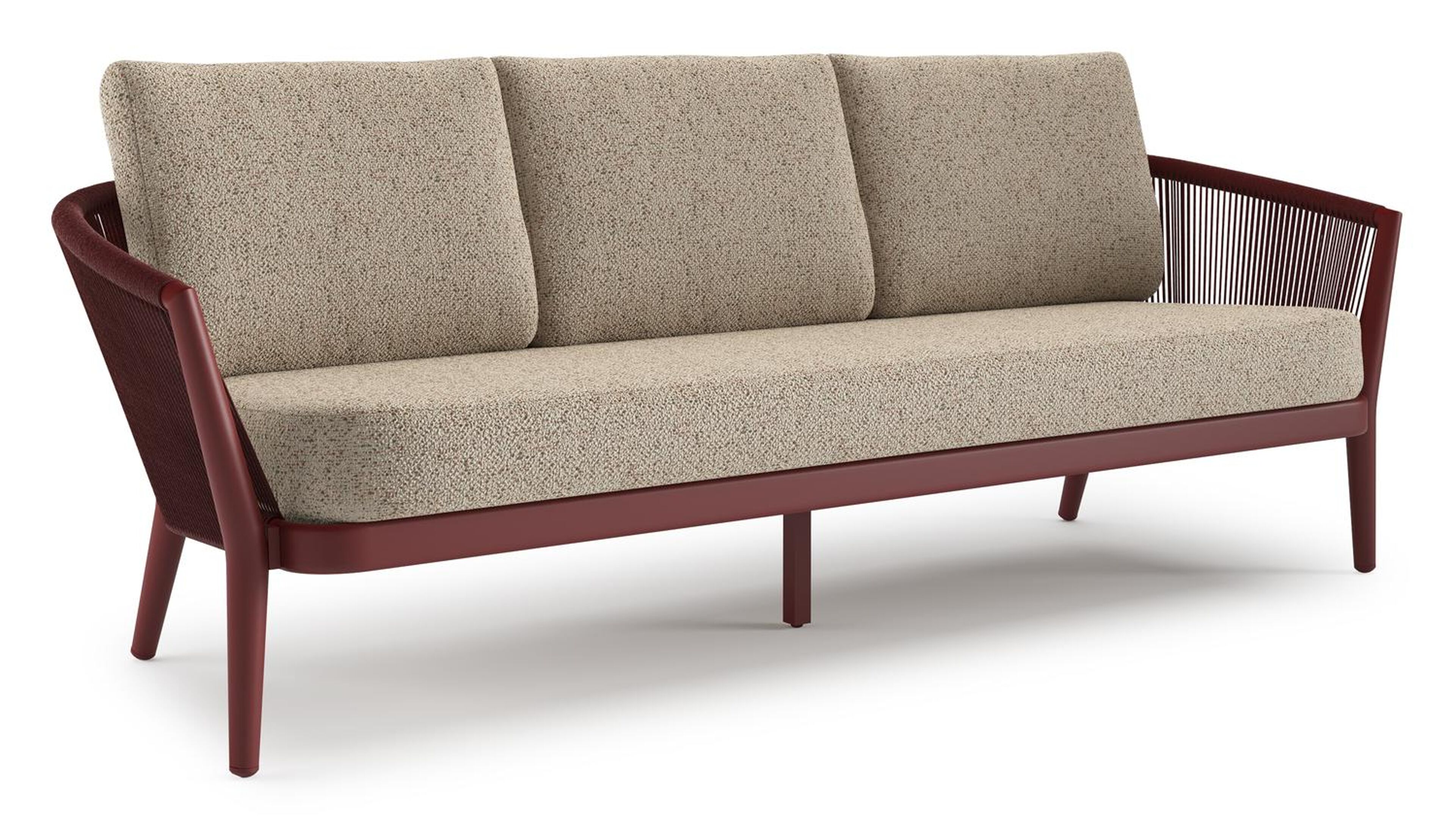 Orso loungebank in ruby aluminium en ruby verticaal geweven ronde rope met Bora Jungle all weather cosytica kussen