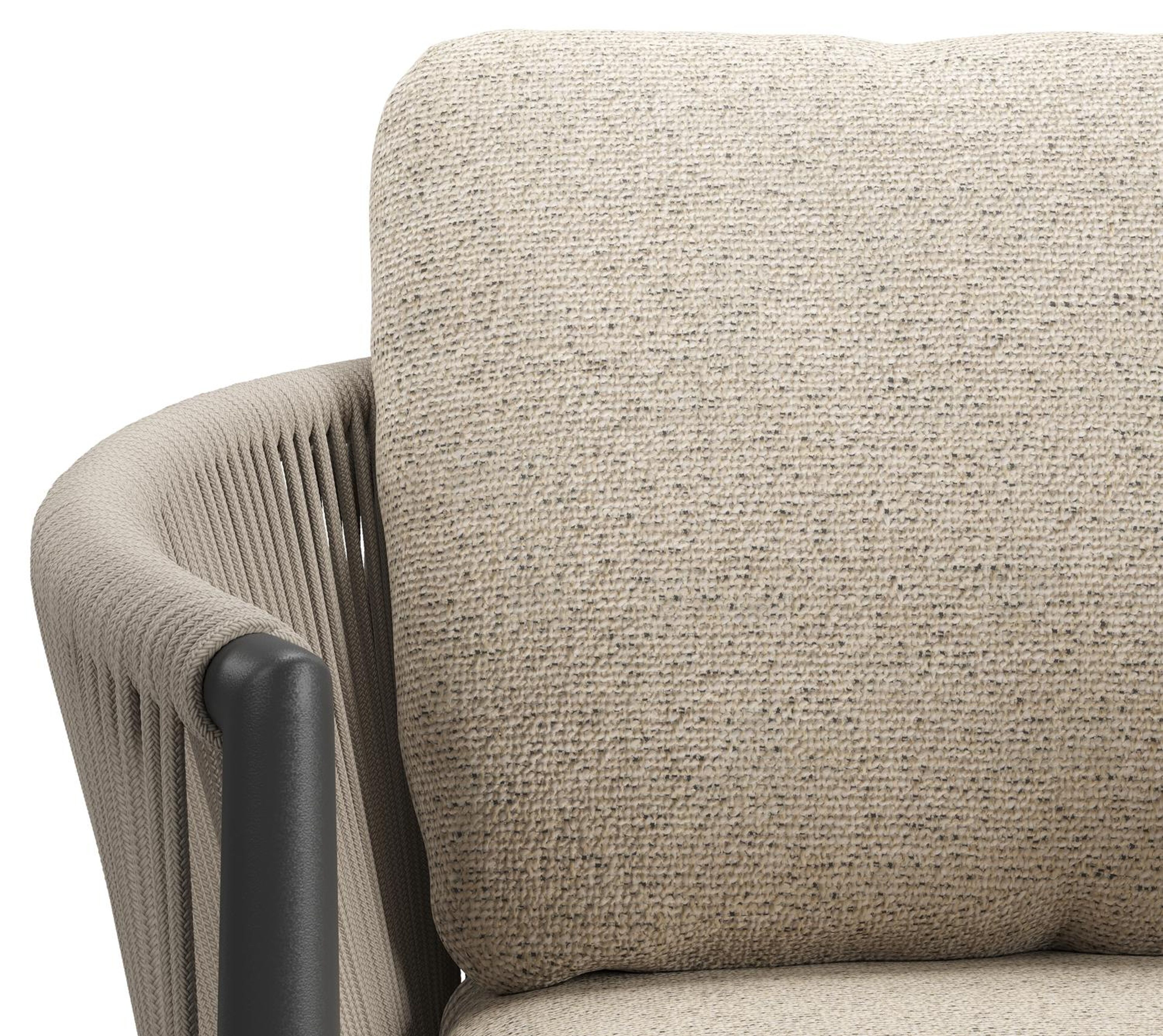 Organo tuinstoel in zwart aluminium en zwart verticaal geweven ronde rope met stoelkussen in All Weather Cosytica Marbella Beige