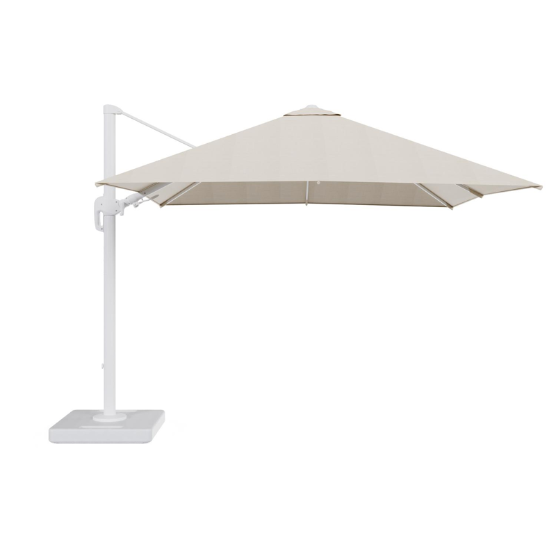 Rufina zweefparasol tiltfunctie in wit aluminium en parasoldoek in All Weather Sunbrella® Premium Beige - L1 300 x L2 300 cm met parasolvoet Lapido 160 kg
