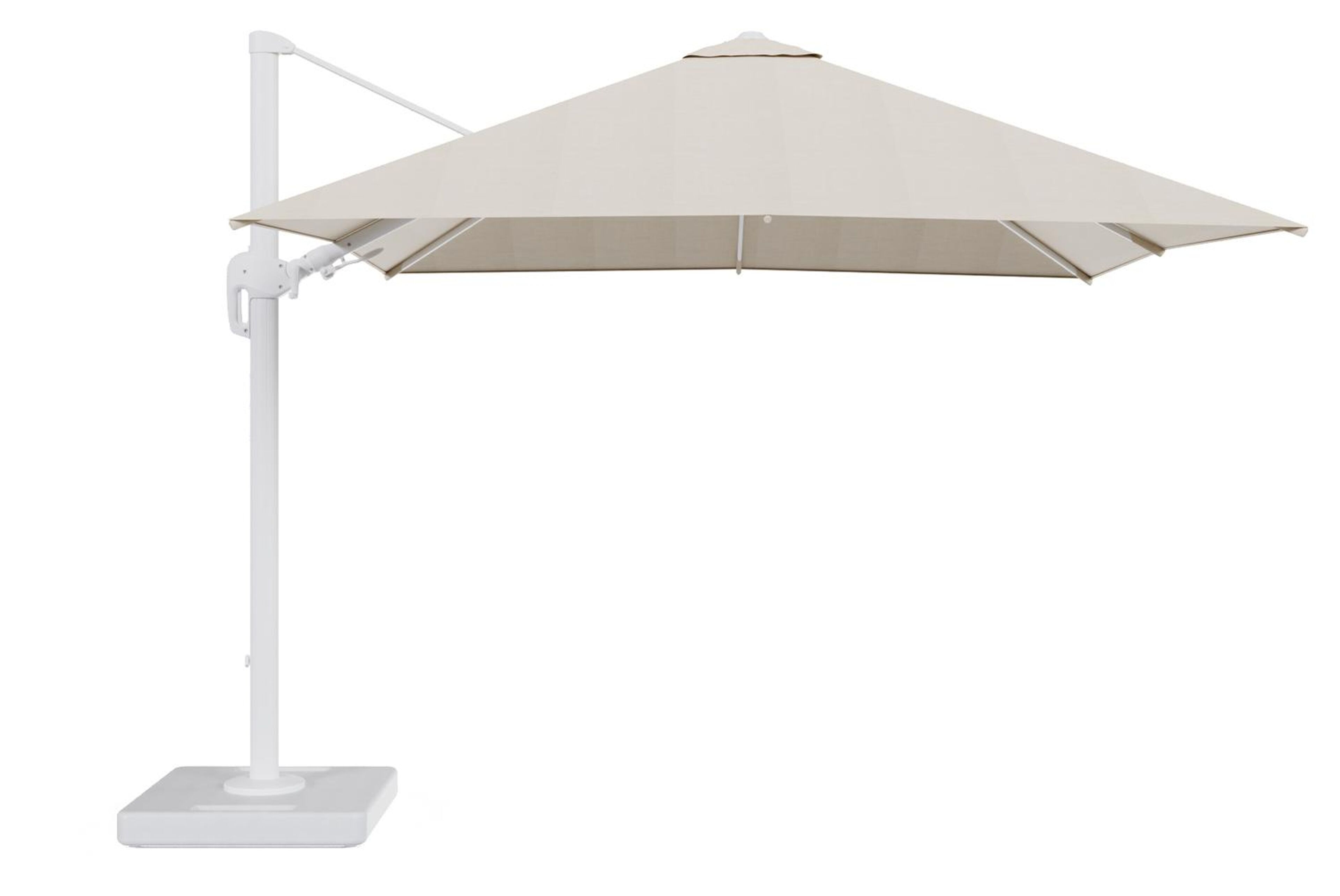 Rufina zweefparasol tiltfunctie in wit aluminium en parasoldoek in All Weather Sunbrella® Premium Beige - L1 300 x L2 300 cm met parasolvoet Lapido 160 kg