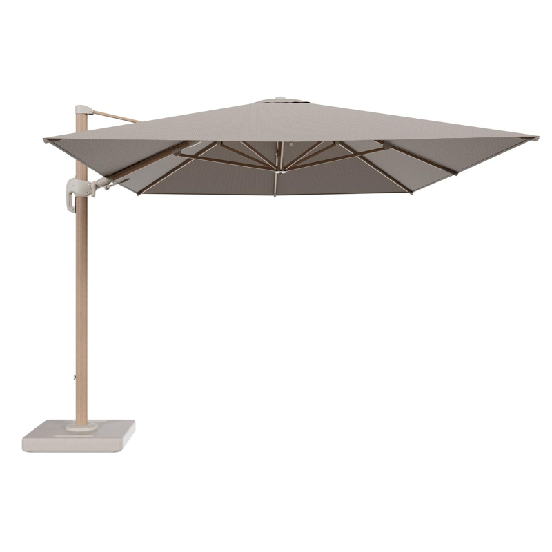 Rufina zweefparasol tiltfunctie in houtlook aluminium en parasoldoek in All Weather Solica Firenze Earth - L1 400 x L2 300 cm met parasolvoet Lapido 160 kg