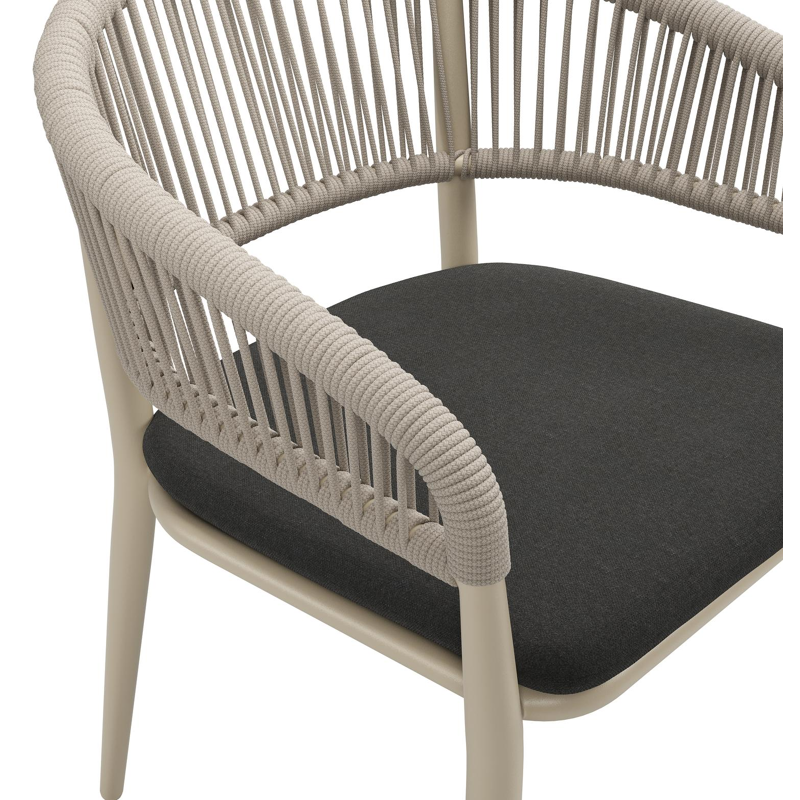 Tolfa stapelbare tuinstoel in beige aluminium en beige verticaal geweven ronde rope met stoelkussen in All Weather Sunbrella® Luxe Natte Sooty