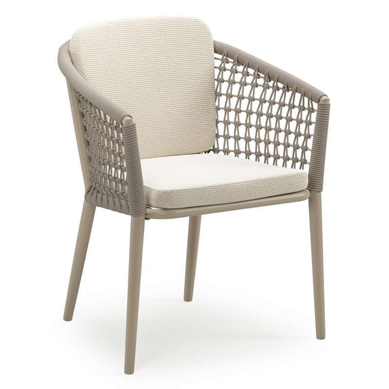 Chaise de jardin empilable Orso en aluminium beige et corde ronde tissée résille beige avec coussin en All Weather Cosytica Althea Off White