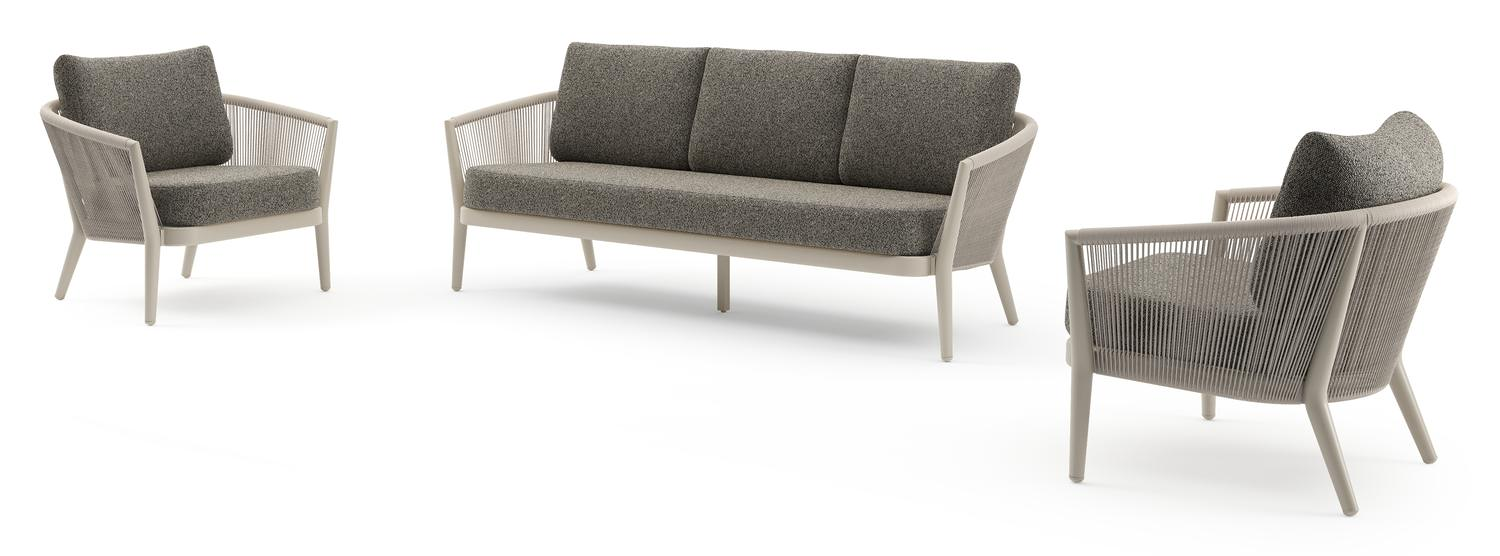 Orso loungeset in beige aluminium en beige verticaal geweven ronde rope met Marbella Tunder all weather cosytica kussen