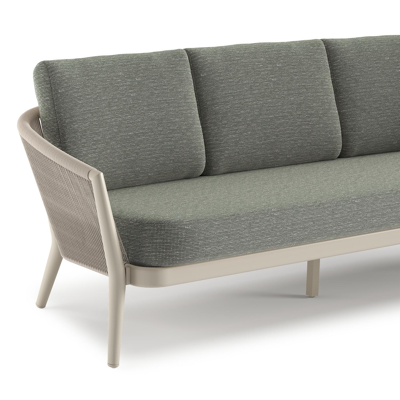 Canapé de jardin Orso en aluminium beige en corde ronde tissée verticalement beige et coussins en all weather sunbrella® luxe Slow Fern