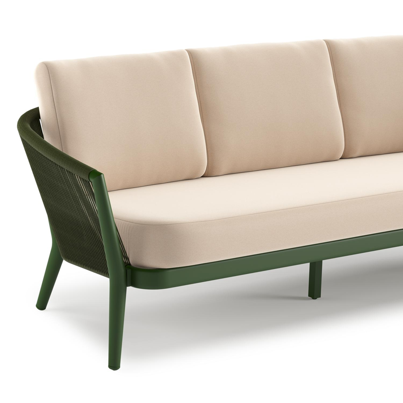 Orso loungeset in groen aluminium en groen verticaal geweven ronde rope met Natte Linen Chalk all weather sunbrella® luxe kussen