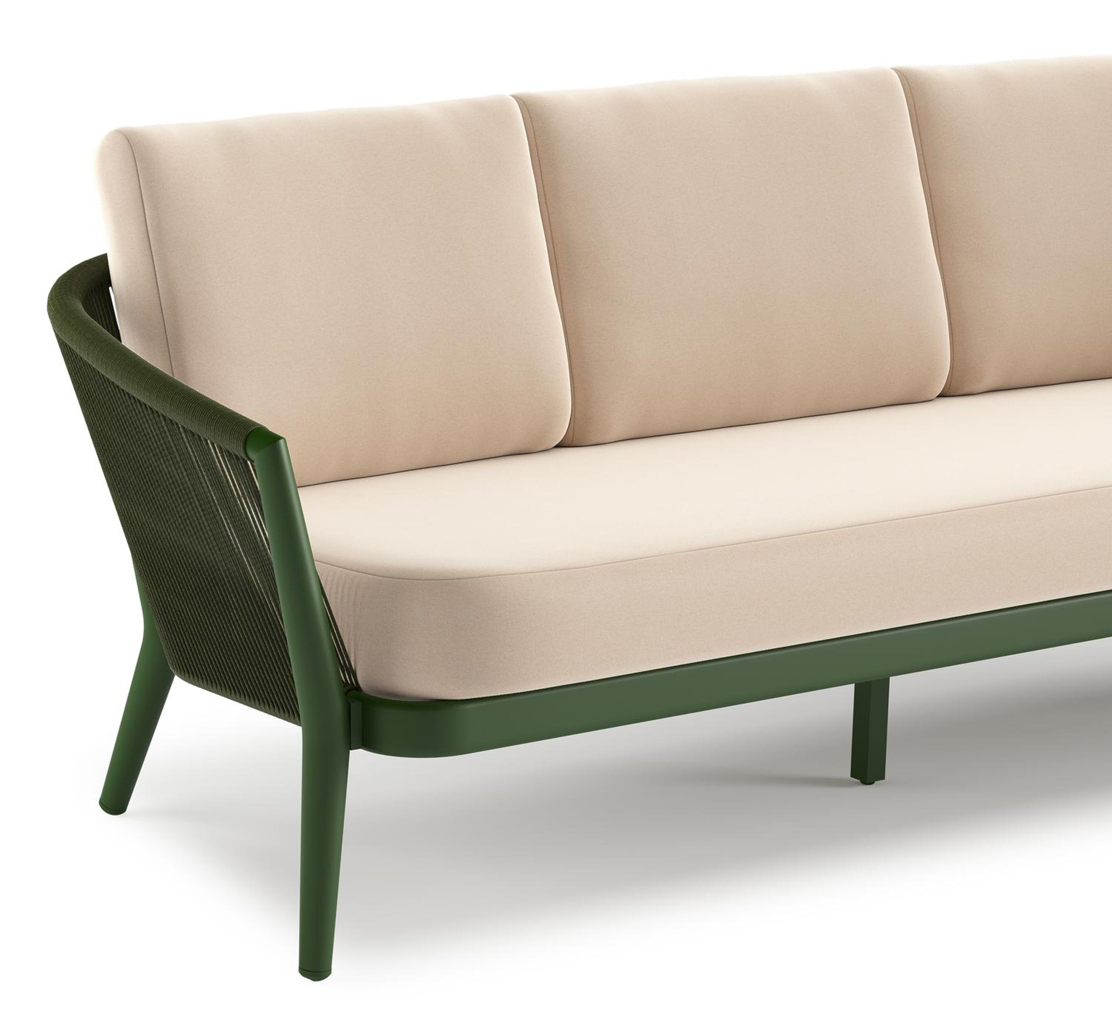 Orso loungeset in groen aluminium en groen verticaal geweven ronde rope met Natte Linen Chalk all weather sunbrella® luxe kussen