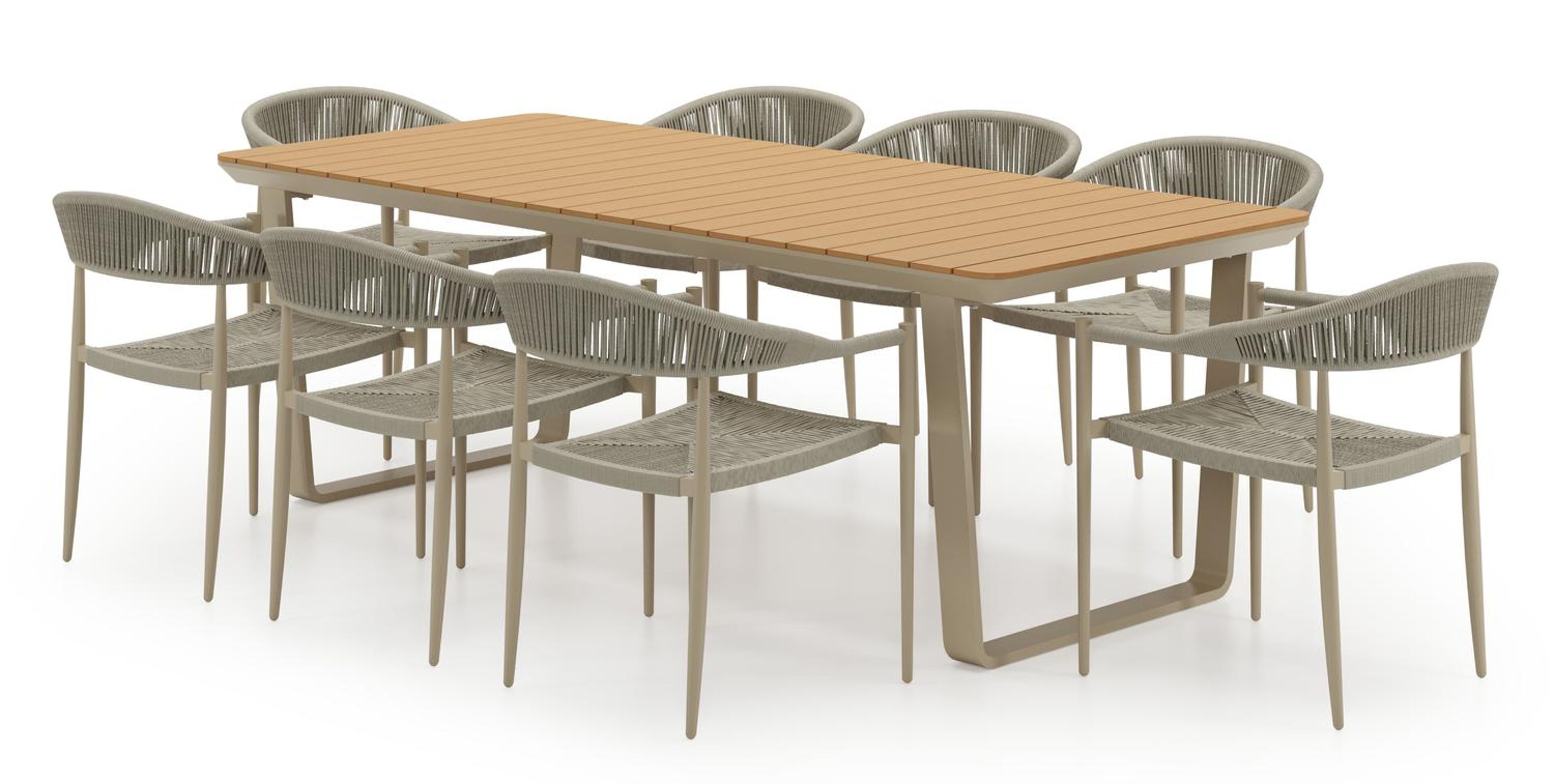 Ensemble de jardin Alora en aluminium beige et polywood avec 8 chaises de jardin Guarda