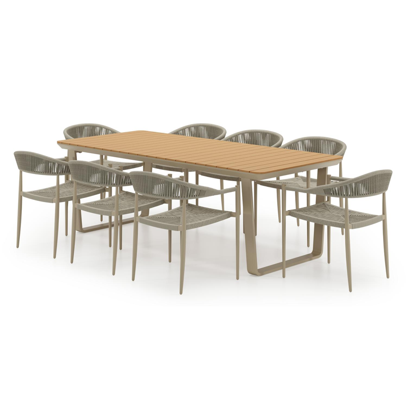 Ensemble de jardin Alora en aluminium beige et polywood avec 8 chaises de jardin Guarda