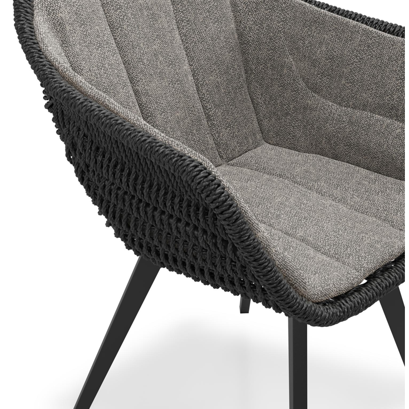 Pagino tuinstoel in zwart aluminium en zwart ronde wicker met zitkussen in All Weather Sunbrella® Luxe Chartres Drizzle