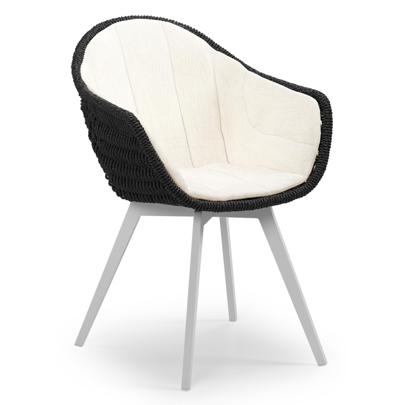 Pagino tuinstoel in wit aluminium en zwart ronde wicker met zitkussen in All Weather Sunbrella® Luxe Natte White