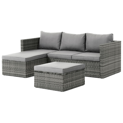 Acero loungehoek in wit-grijs wicker en staal met grijs polyester kussen en loungetafel