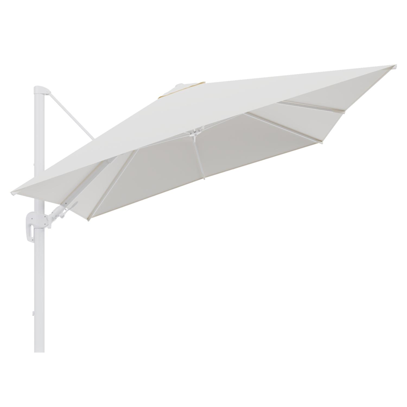 Parasol pendant Rufina avec fonction tilt en aluminium blanc et toile de parasol en All Weather Sunbrella® Luxe Natte White - Lg.1 300 x Lg.2 300 cm (sans pied de parasol