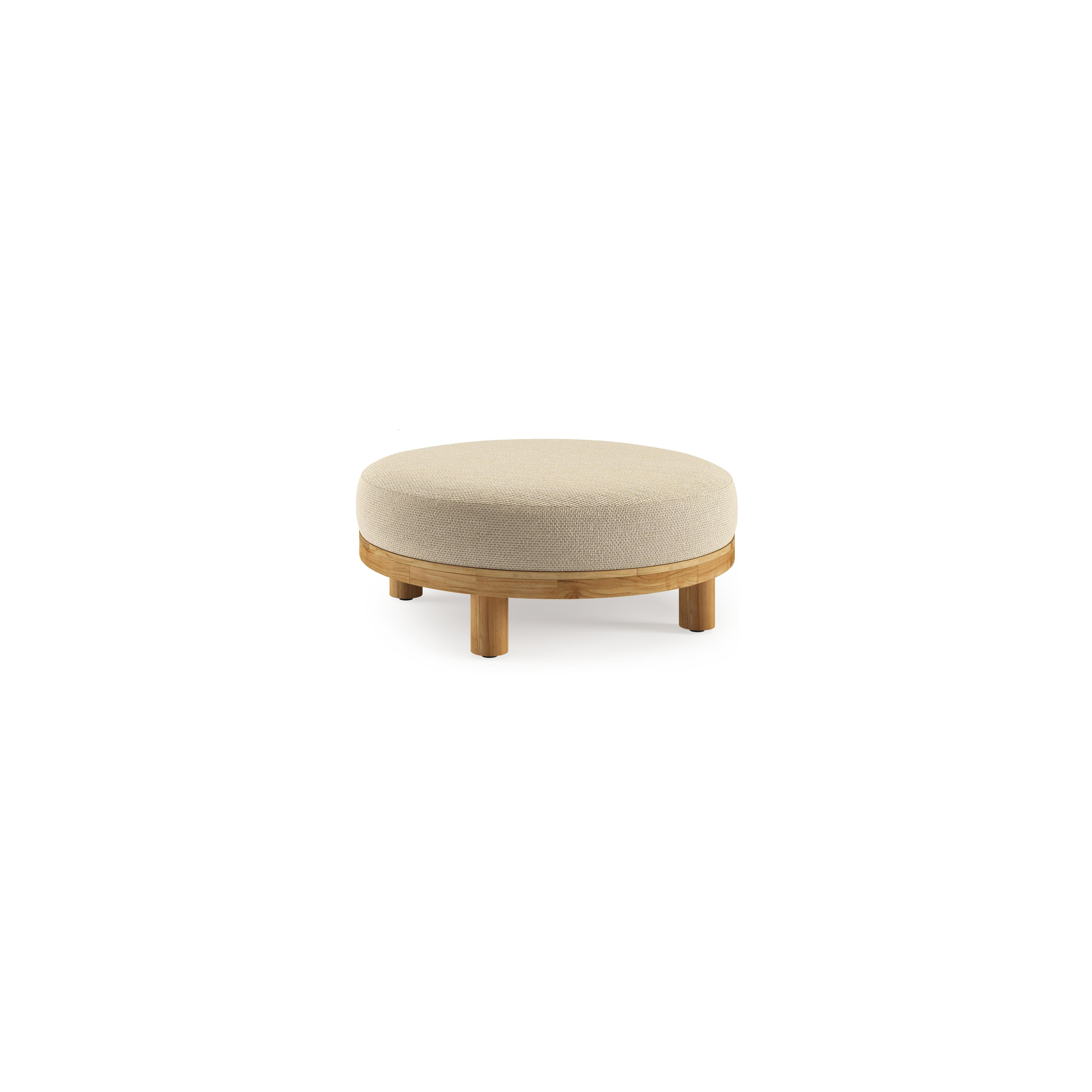 Donato lounge poef in teak en beige verticaal geweven ronde rope met all weather cosytica Althea Camel kussen