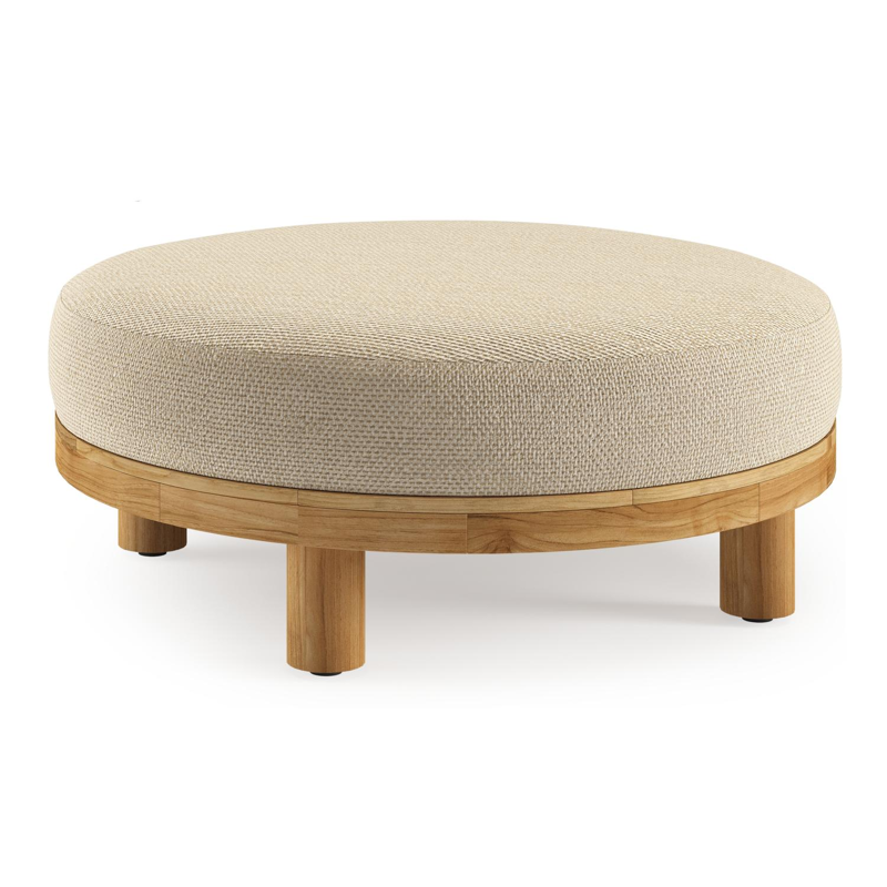 Donato lounge poef in teak en beige verticaal geweven ronde rope met all weather cosytica Althea Camel kussen