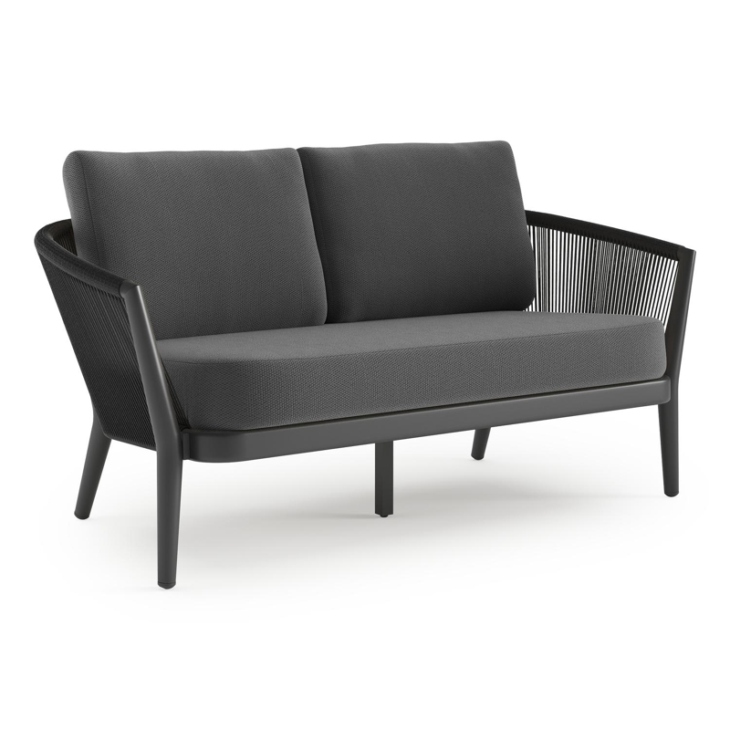 Orso loungebank in zwart aluminium en zwart verticaal geweven ronde rope met Lopi Shadow all weather sunbrella® luxe kussen