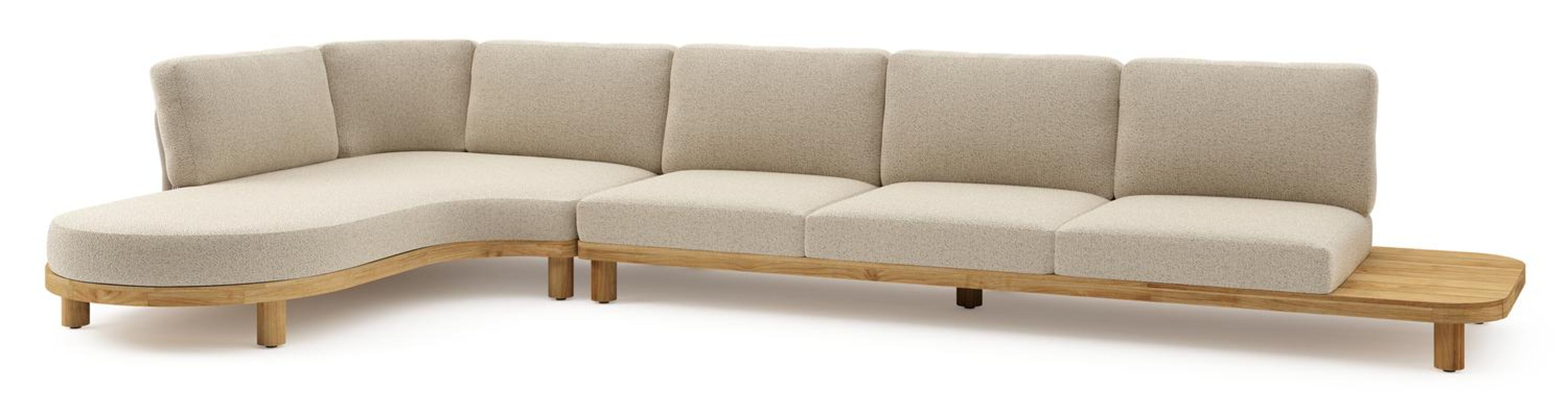 Donato loungehoek in teak en beige verticaal geweven ronde rope met all weather cosytica Bora Forest kussen