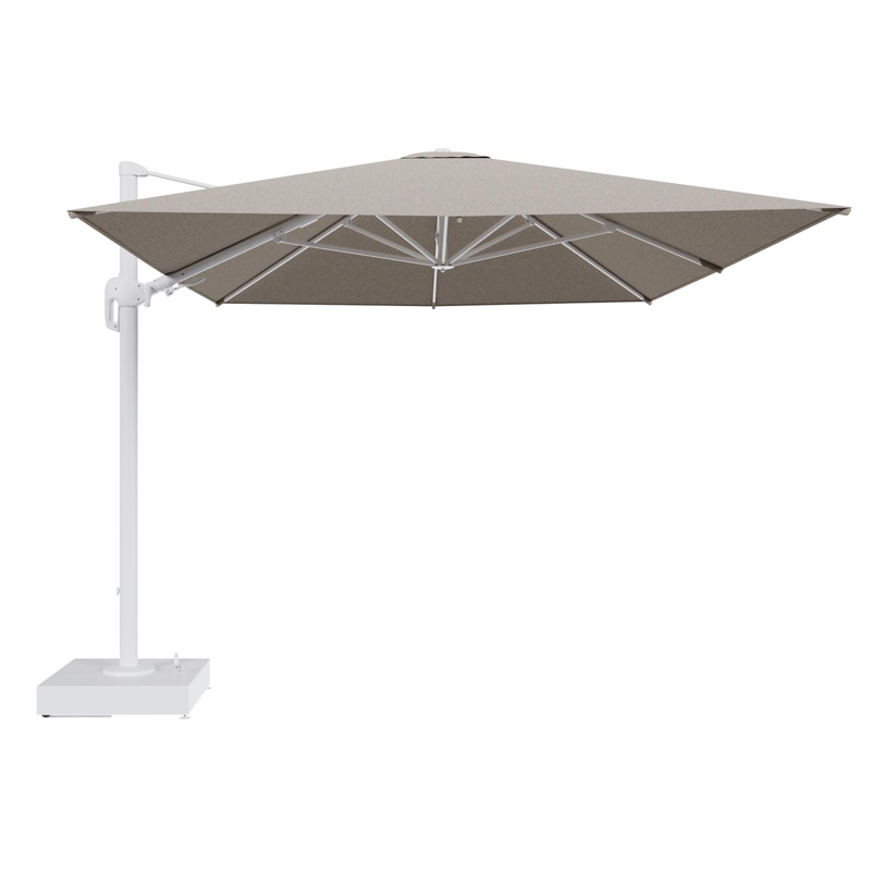 Rufina zweefparasol met tiltfunctie in wit aluminium en Chartres Pewter All Weather Sunbrella® Luxe parasoldoek - L1 400 x L2 300 cm met parasolvoet Minore 150 kg met wielen