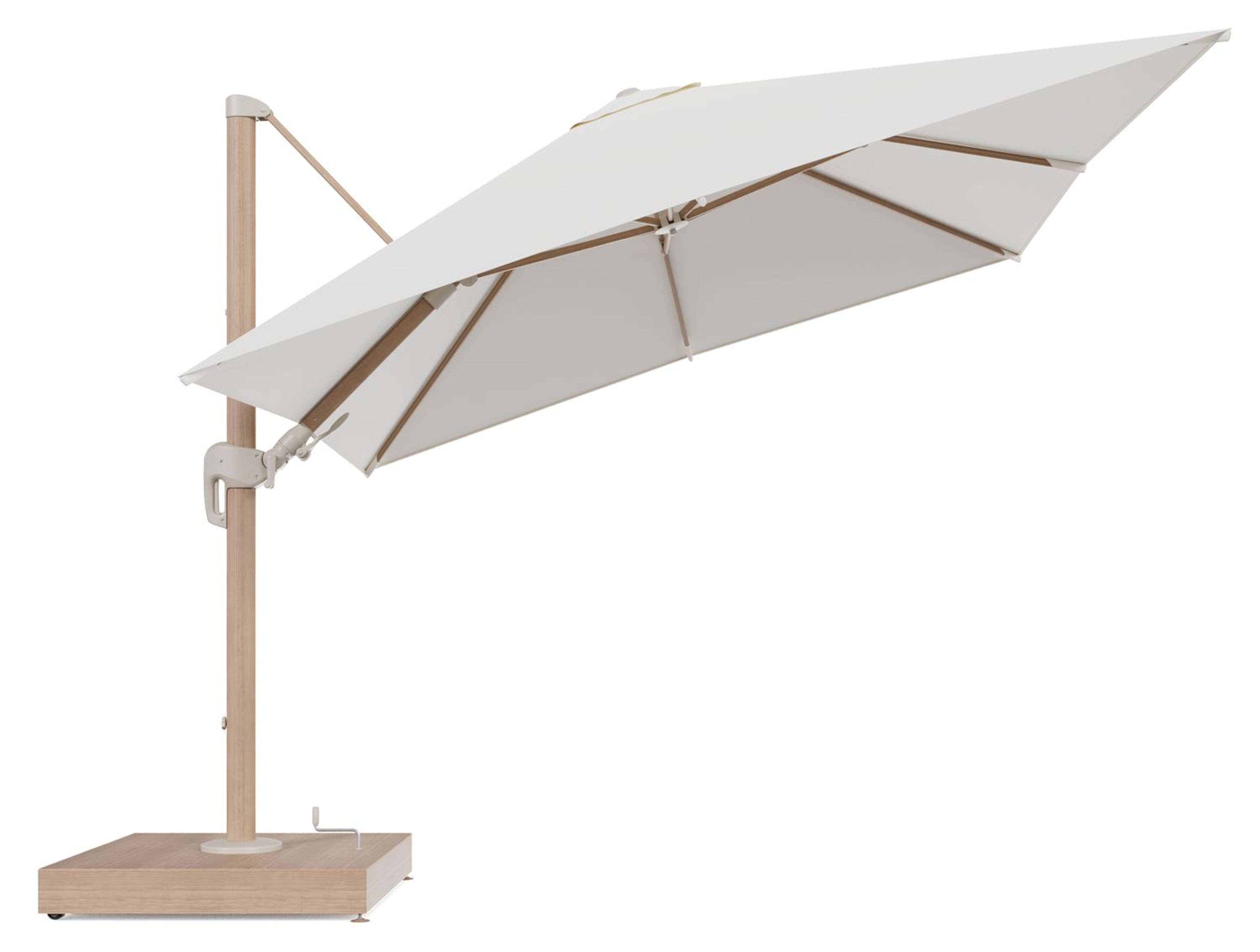 Rufina zweefparasol met tiltfunctie in houtlook aluminium en Natte White All Weather Sunbrella® Luxe parasoldoek - L1 300 x L2 300 cm met parasolvoet Minore 260 kg met wielen