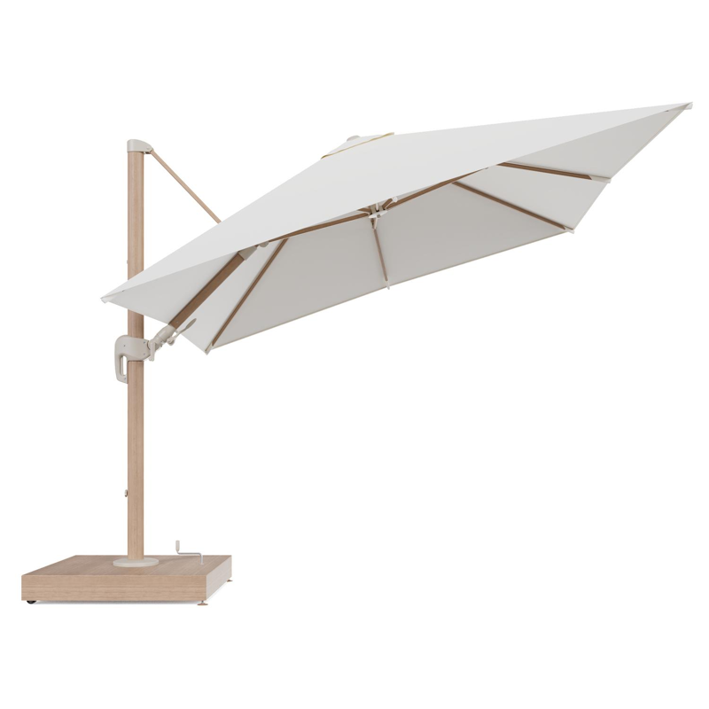 Rufina zweefparasol met tiltfunctie in houtlook aluminium en Natte White All Weather Sunbrella® Luxe parasoldoek - L1 300 x L2 300 cm met parasolvoet Minore 260 kg met wielen