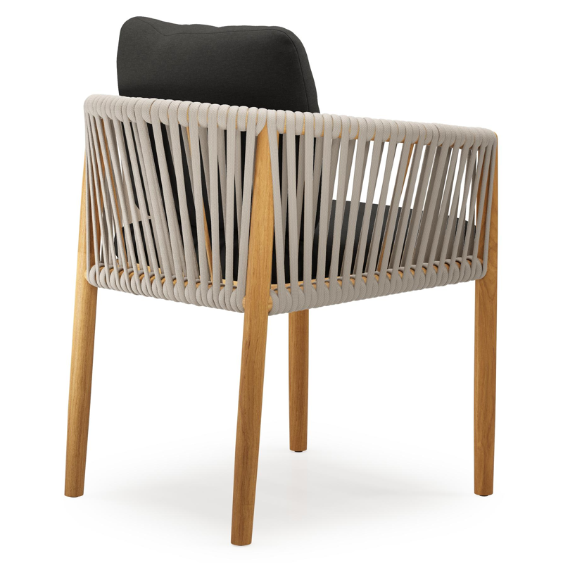 Organo tuinstoel in teak en beige verticaal geweven luxe vlakke rope met zitkussen in All Weather Sunbrella® Luxe Heritage Char