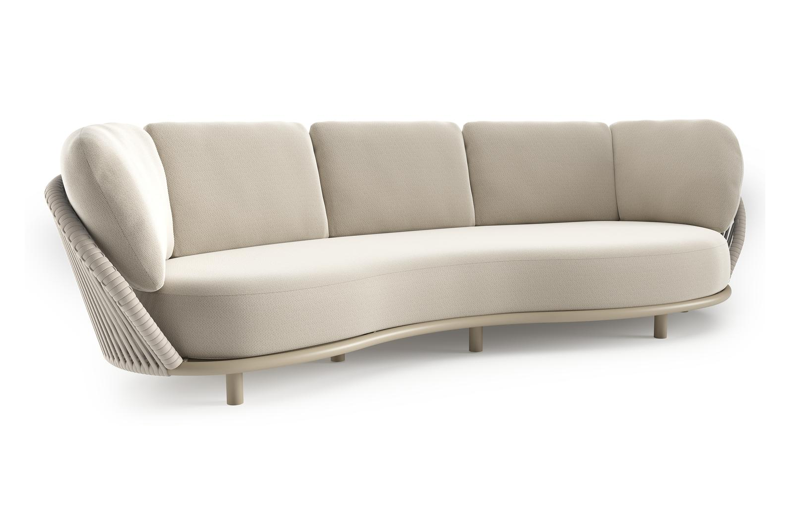 Lupino loungebank in beige aluminium en beige verticaal geweven luxe vlakke brede rope met lopi marble all weather sunbrella® luxe kussen