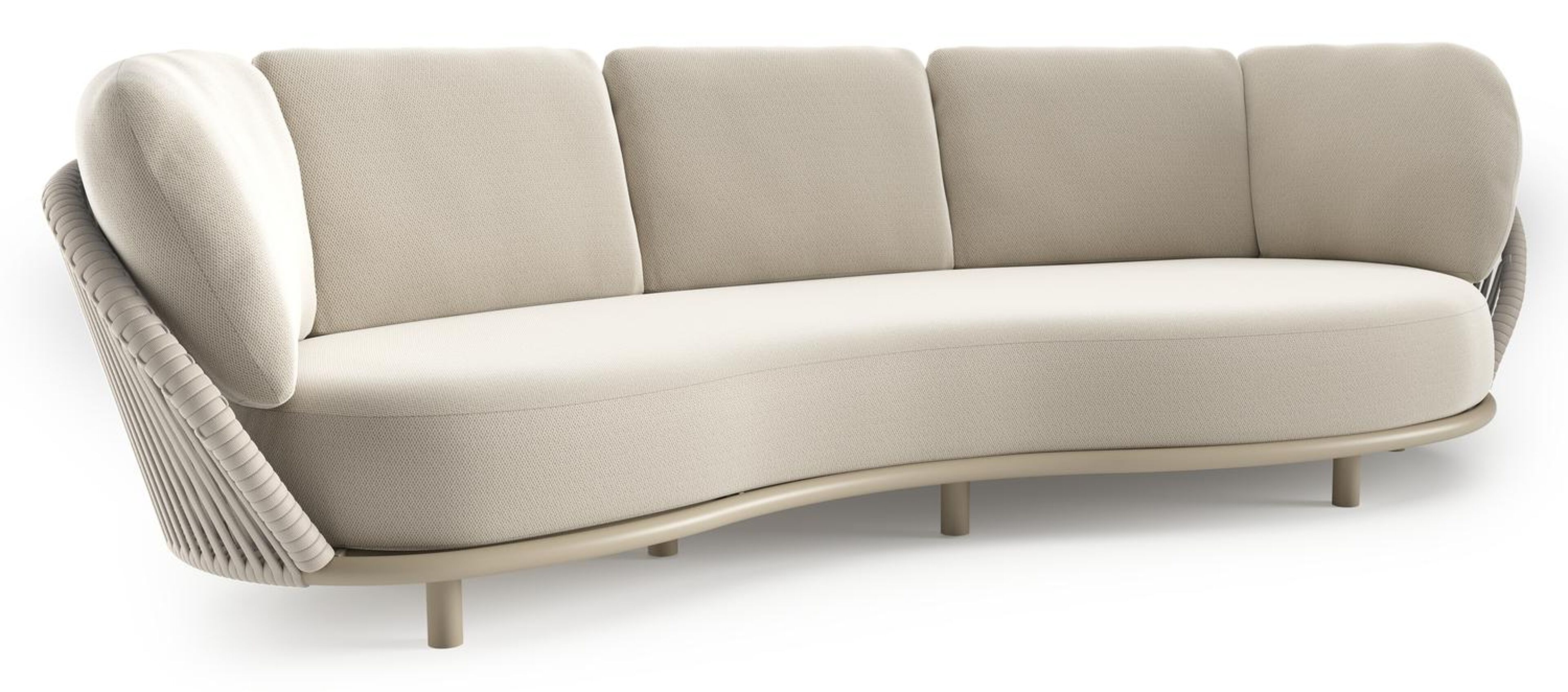 Lupino loungebank in beige aluminium en beige verticaal geweven luxe vlakke brede rope met lopi marble all weather sunbrella® luxe kussen