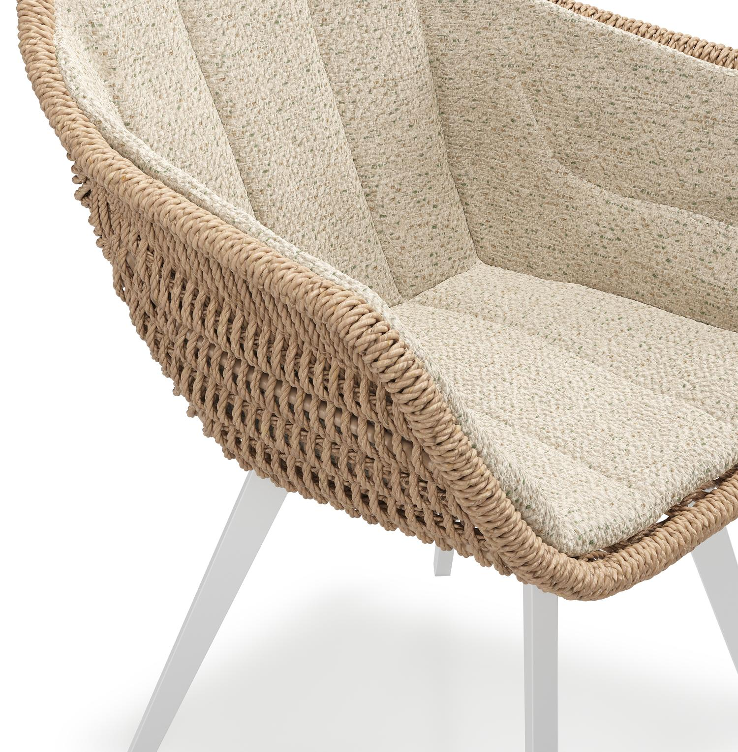 Chaise de jardin Pagino en aluminium blanc et résine tressée ronde naturel avec coussin en bora forest all weather cosytica