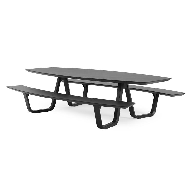 Forno picknicktafel bootvorm in zwart aluminium en volkeramiek basalt black tafelblad - L 280 x B 192 x 72 cm