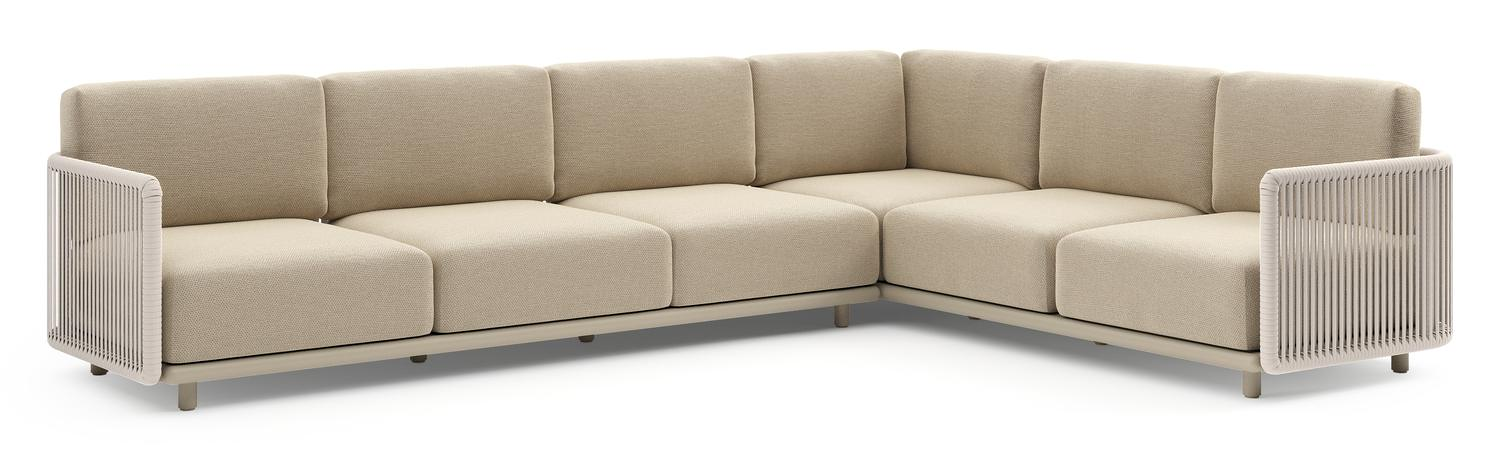 Organo loungehoek in beige aluminium en beige verticaal geweven luxe vlakke rope met althea camel all weather Cosytica kussen