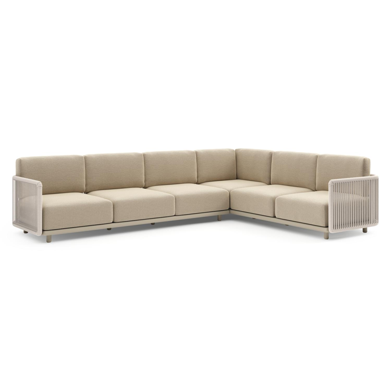 Organo loungehoek in beige aluminium en beige verticaal geweven luxe vlakke rope met althea camel all weather Cosytica kussen