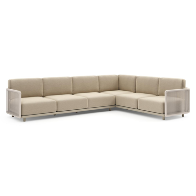 Organo loungehoek in beige aluminium en beige verticaal geweven luxe vlakke rope met althea camel all weather Cosytica kussen