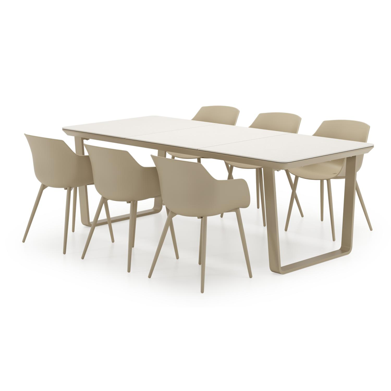 Ensemble de jardin Alora en aluminium beige et sintered stone beige avec 6 chaises de jardin Paco