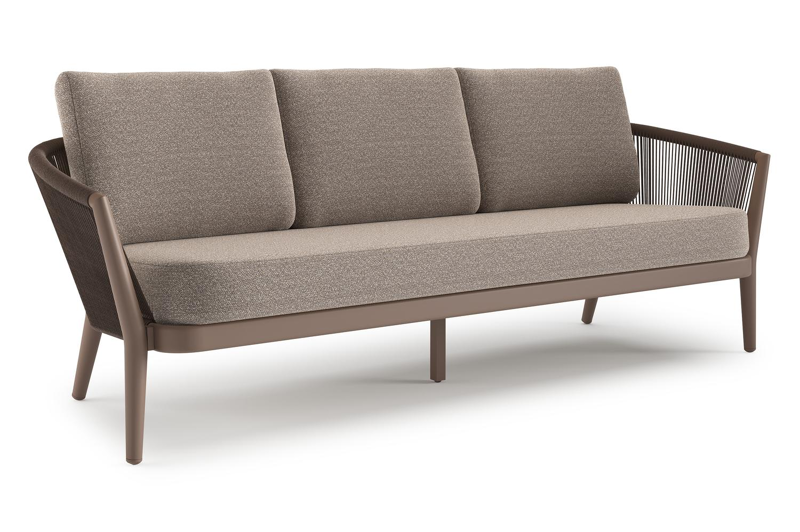 Canapé de jardin Orso en aluminium taupe en corde ronde tissée verticalement noir et coussins en all weather sunbrella® luxe Wander Manioc