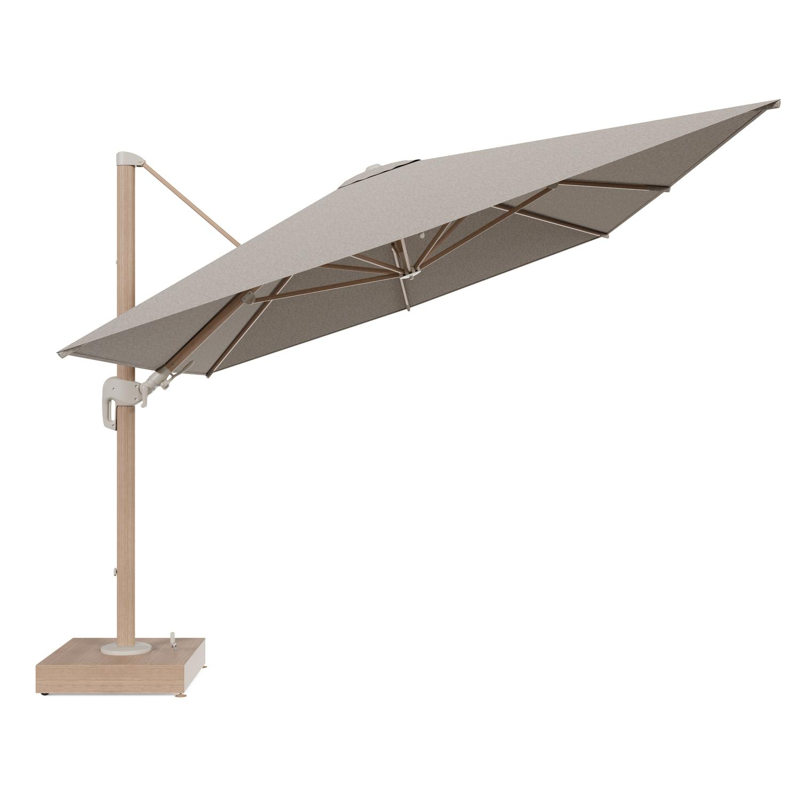 Rufina zweefparasol met tiltfunctie in houtlook aluminium en Chartres Pewter All Weather Sunbrella® Luxe parasoldoek - L1 400 x L2 300 cm met parasolvoet Minore 150 kg met wielen