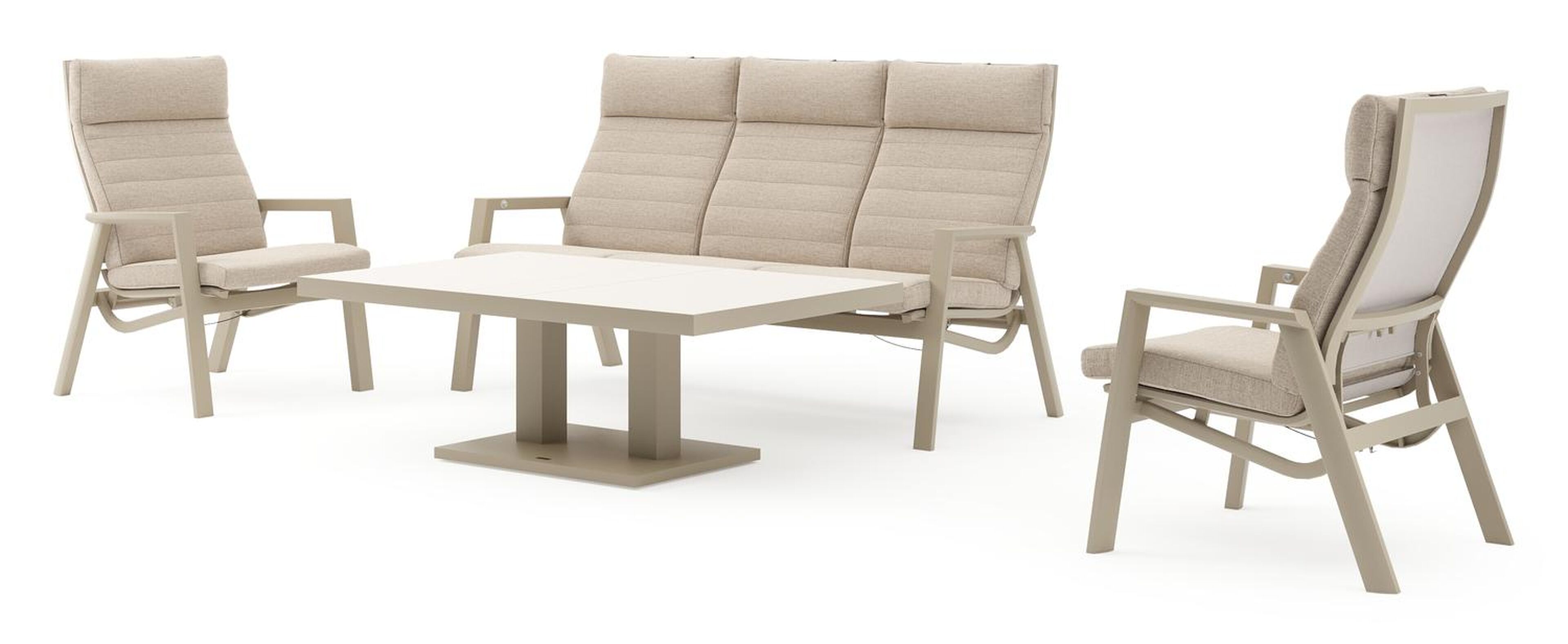 Prato loungebank in beige aluminium met rustic weather+ softtouch kussens en loungetafel