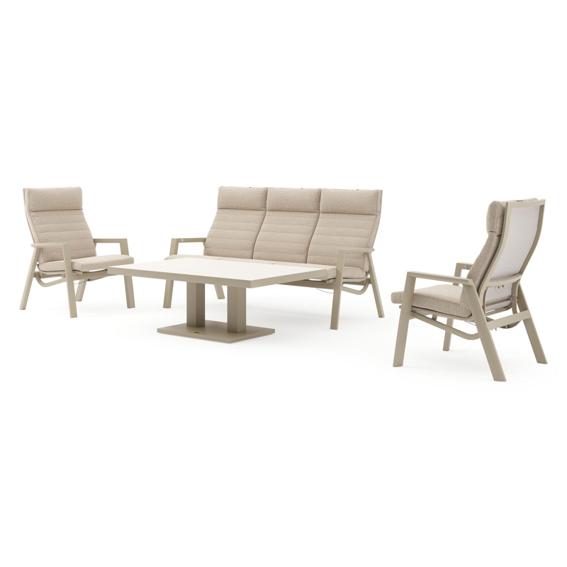 Prato loungebank in beige aluminium met rustic weather+ softtouch kussens en loungetafel