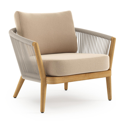 Fauteuil de jardin Orso en tecken corde ronde tissée verticalement beige et coussins en all weather sunbrella® luxe Natte Heather Beige