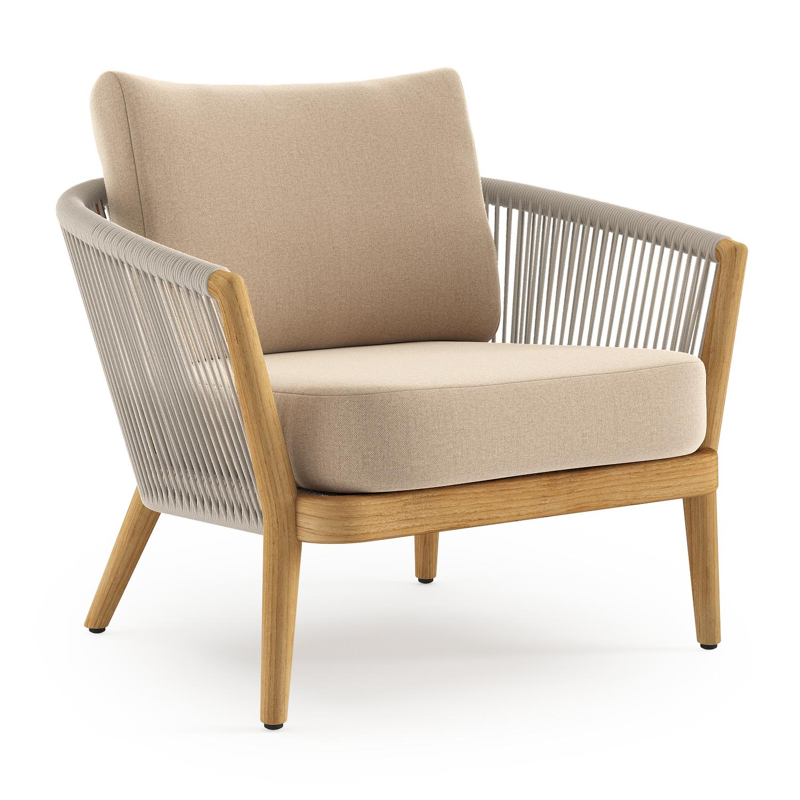 Orso loungestoel in teak en beige verticaal geweven ronde rope met Natte Heather Beige all weather sunbrella® luxe kussen