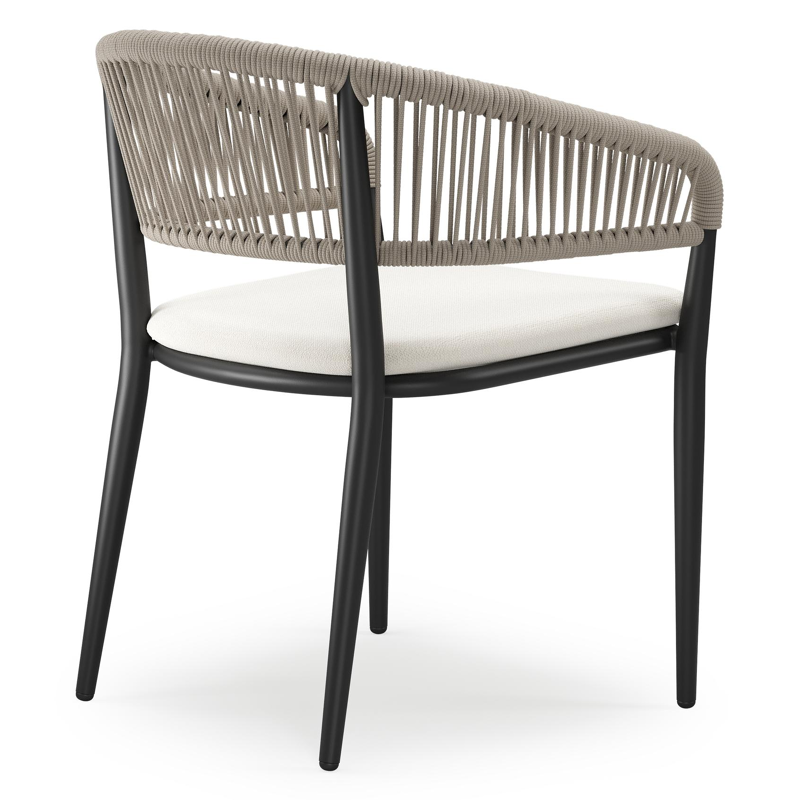 Tolfa stapelbare tuinstoel in zwart aluminium en beige verticaal geweven ronde rope met stoelkussen in All Weather Sunbrella® Luxe Savane White