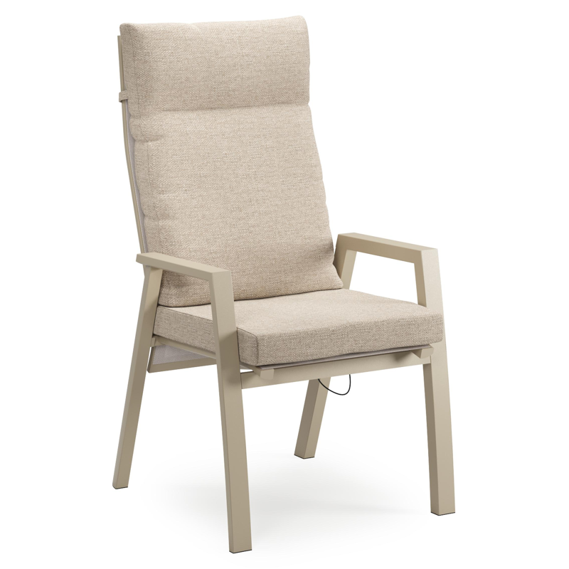 Leon tuinstoel in beige aluminium en beige textilene met kussen in Rustic Weather+ Softtouch