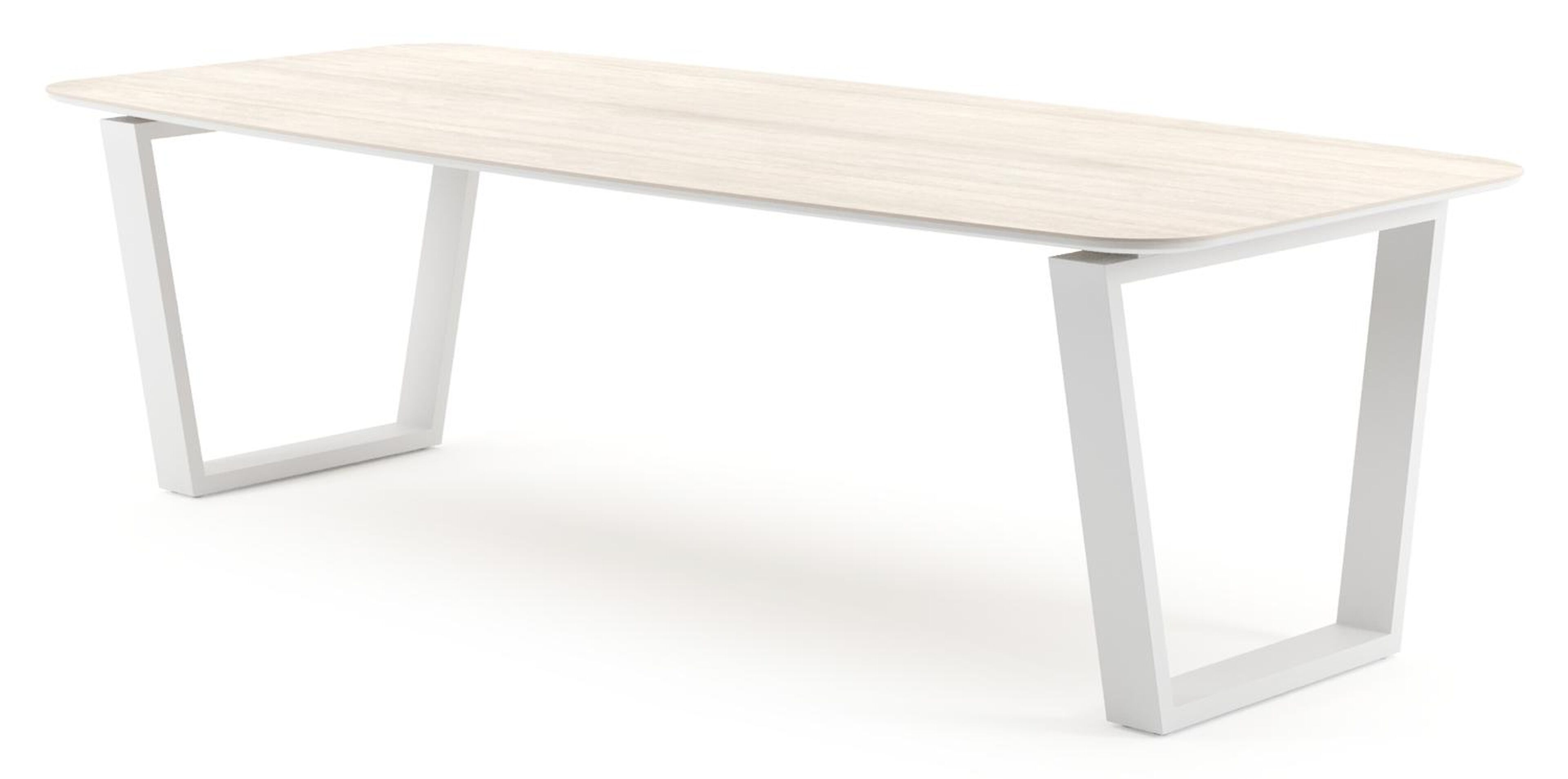 Table de jardin Pagino forme de bateau en aluminium blanc et céramique pleine Travertino Bianco - Lg. 255 x Lrg. 115 x Haut. 73 cm
