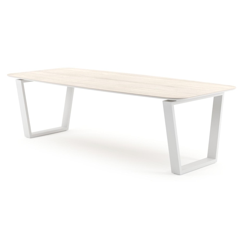 Pagino tuintafel bootvorm in wit aluminium en volkeramiek Travertino Bianco - L 255 x B 115 x H 73 cm