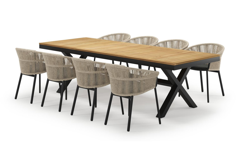 Reza rechthoekige tuinset in zwart aluminium en teak natural finish met 8 Matera tuinstoelen