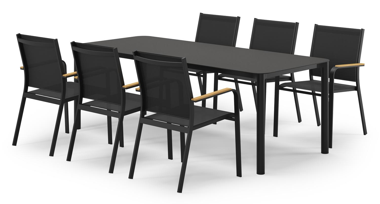 Mira rechthoekige afgeronde tuinset in zwart aluminium en sintered stone notte minerale met 6 Amalfi tuinstoelen